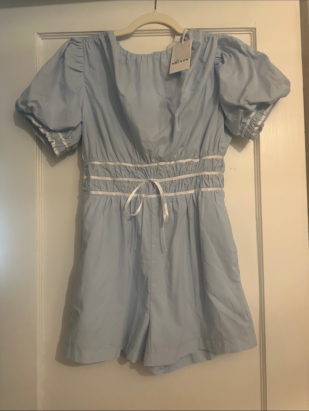 Hudson Jeans Light Blue Puff Sleeve One-Piece Romper with Waist Tie